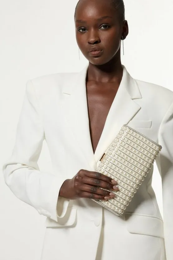 Karen Millen Pearl Embellished Clutch ivory Discount
