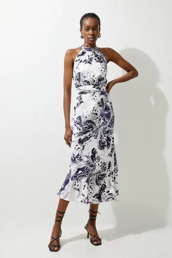 Karen Millen Petite Abstract Floral Satin Woven Halter Midi Dress purple Fashion