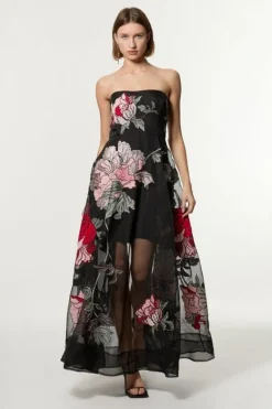 Karen Millen Petite Applique And Embroidered Organdie Woven Midaxi Bandeau Dress With Beading floral Best