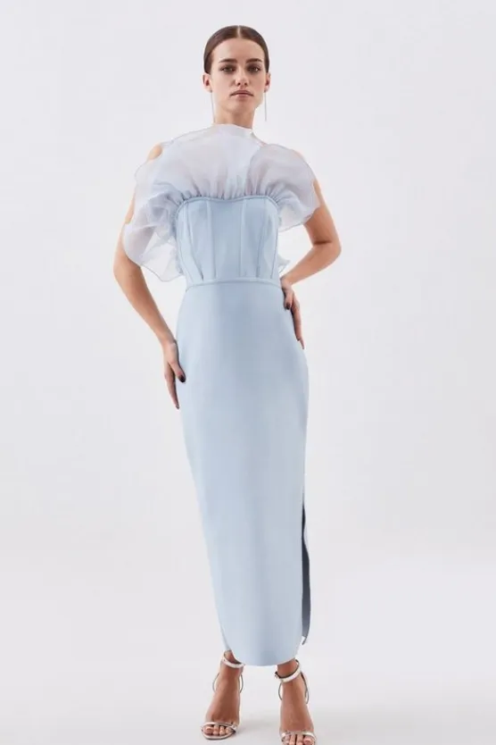 Karen Millen Petite Bandage Figure Form Knit Organza Frill Midaxi Dress paleblue Discount