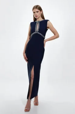 Karen Millen Petite Bandage Figure Form Knit Embellished Maxi Dress navy Fashion