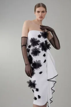 Karen Millen Petite Bandeau Flower Applique Midi Dress white Clearance