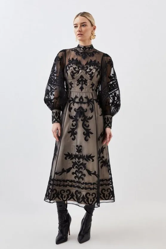 Karen Millen Petite Baroque Applique Woven Maxi Dress black Hot