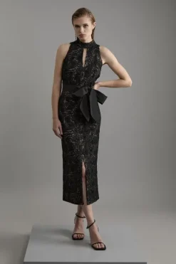 Karen Millen Petite Beaded Textured Lace Halter Woven Maxi Dress black Clearance