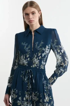 Karen Millen Petite Border Print Viscose Piped Woven Shirt Balloon Sleeve Shirt darknavy Best