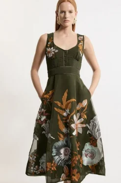Karen Millen Petite Botanical Embroidery Organdie Strappy Woven Dress khaki Online