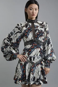 Karen Millen Petite Butterfly Print Lace Insert Trim Woven Mini Dress blue Fashion