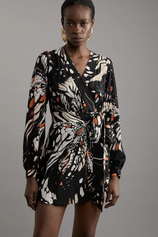 Karen Millen Petite Butterfly Print Viscose Crepe Woven Wrap Mini Dress black New