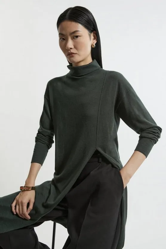 Karen Millen Petite Cashmere Blend Deep Slip Longline Knit Top olive Clearance