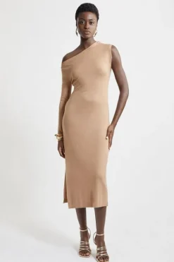 Karen Millen Petite Cashmere Blend One Shoulder Asymmetric Midaxi Dress camel Clearance