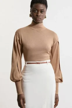 Karen Millen Petite Cashmere Blend Turtleneck And Split Sleeve Knit Top camel Outlet