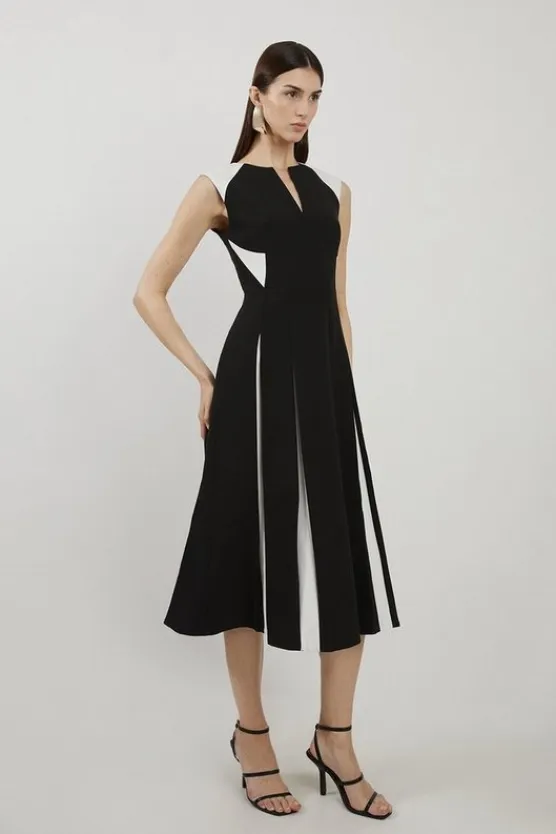 Karen Millen Petite Clean Tailored Color Block Full Skirted Midi Dress mono Sale