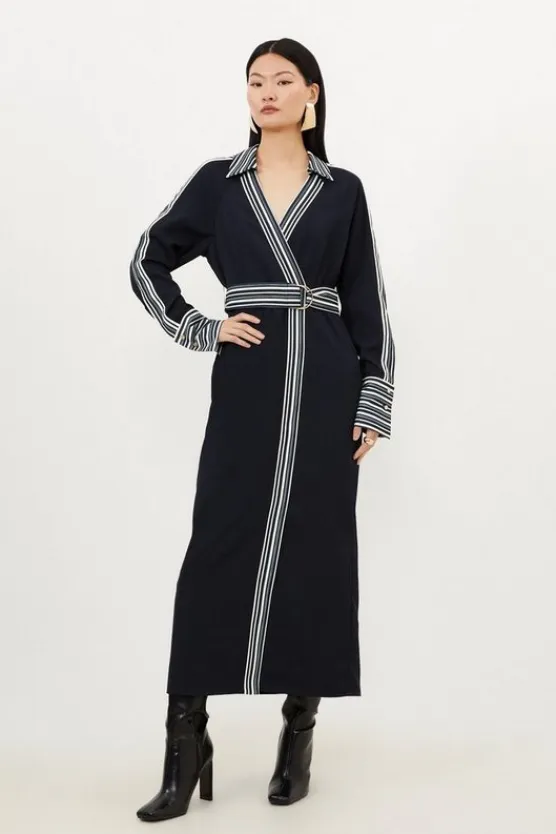 Karen Millen Petite Collared Contrast Twill Woven Belted Midaxi Dress navy Fashion