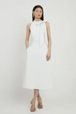 Karen Millen Petite Compact Stretch Bow Tie Neck Full Skirted Midi Dress ivory Hot