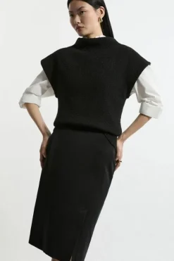 Karen Millen Petite Compact Stretch Color Block Grograin Midi Skirt black New