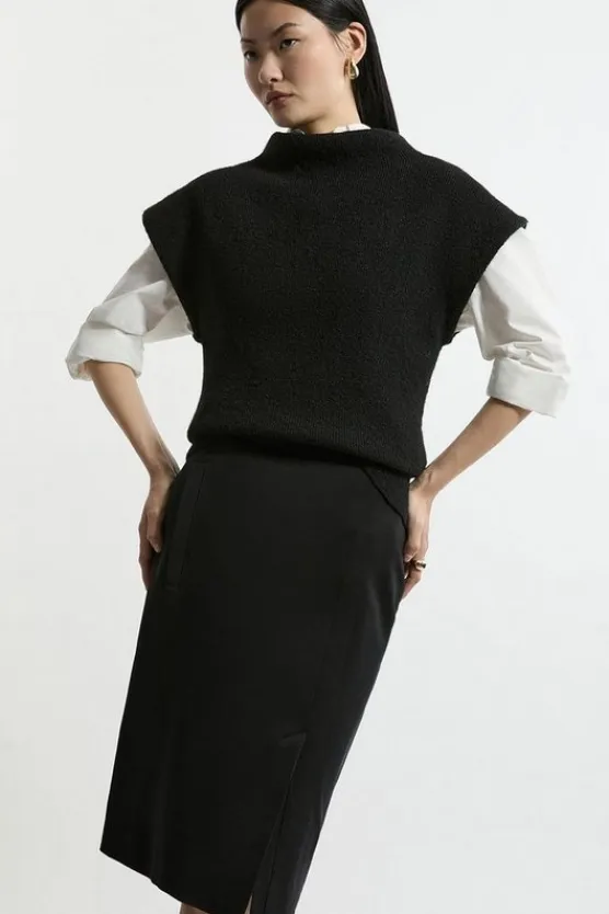 Karen Millen Petite Compact Stretch Color Block Grograin Midi Skirt black New