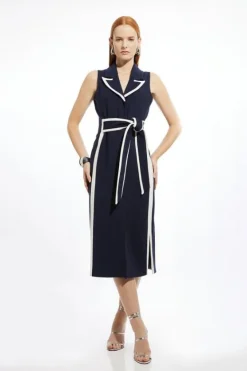 Karen Millen Petite Compact Stretch Contrast Tipped Belted Pencil Maxi Dress navy New