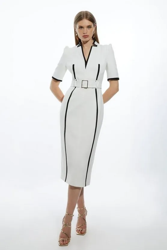 Karen Millen Petite Compact Stretch Contrast Tipped Forever Belted Tailored Midi Dress ivory Fashion