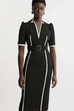 Karen Millen Petite Compact Stretch Contrast Tipped Forever Belted Tailored Midi Dress black Discount