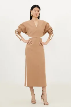 Karen Millen Petite Compact Stretch Contrast Panel Tailored Midi Dress camel Clearance