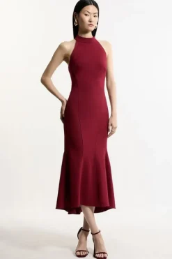 Karen Millen Petite Compact Stretch Essential Tailored High Neck Dip Hem Midi Dress fig Best