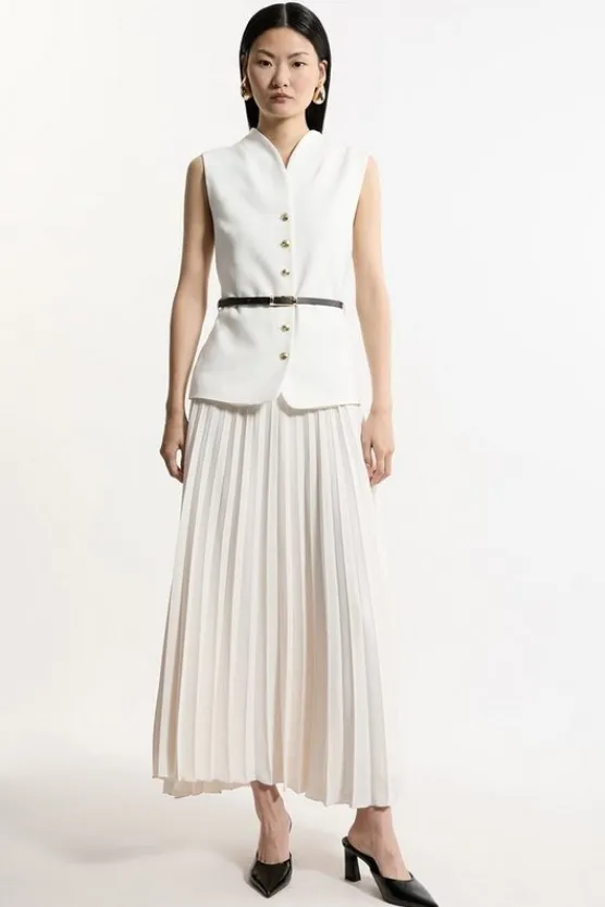 Karen Millen Petite Compact Stretch Fluid Tailored Belted Pleated Full Skirt Maxi Dress ivory Discount