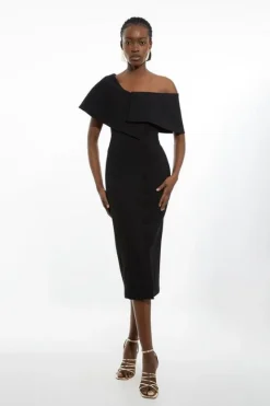 Karen Millen Petite Compact Stretch Off Shoulder Button Through Tailored Midi Pencil Dress black Hot