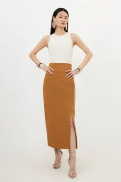 Karen Millen Petite Compact Stretch Side Split Tailored Midi Pencil Skirt camel Online