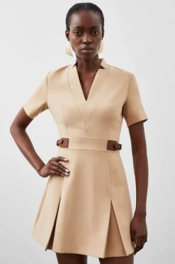 Karen Millen Petite Compact Stretch Tab Detail Pleated Mini Dress camel Best