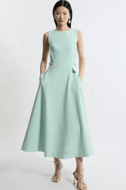 Karen Millen Petite Compact Stretch Tab Waist Detail Full Skirt Midi Dress sage Online