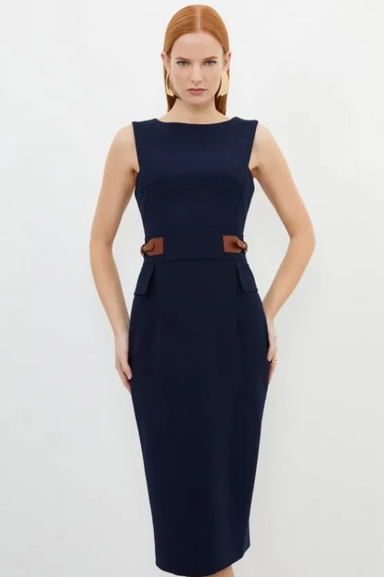 Karen Millen Petite Compact Stretch Tab Waist Detail Tailored Midi Dress navy Sale