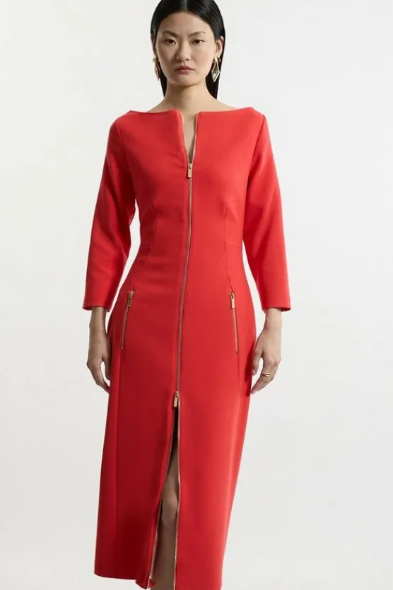 Karen Millen Petite Compact Stretch Tailo Long Sleeve Zip Through Maxi Dress red New