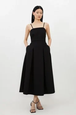 Karen Millen Petite Compact Stretch Tailored Bandeau Full Skirt Midi Dress black Best