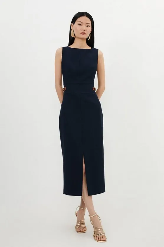 Karen Millen Petite Compact Stretch Tailored Pu Tab Detail Midi Dress midnight Best