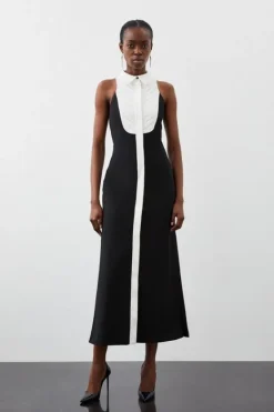 Karen Millen Petite Compact Stretch Tuxedo Halter Neck Maxi Dress black Clearance