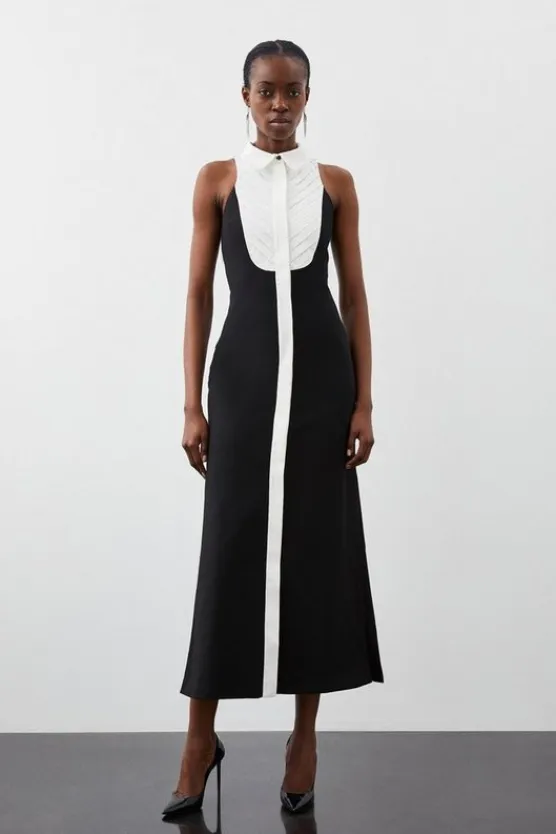 Karen Millen Petite Compact Stretch Tuxedo Halter Neck Maxi Dress black Clearance