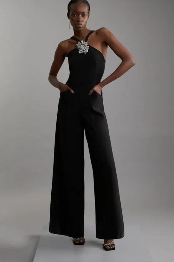 Karen Millen Petite Compact Stretch Viscose Crystal Embellished Rosette Straight Leg Tailored Jumpsuit black Clearance