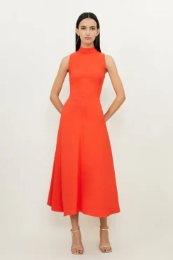 Karen Millen Petite Compact Stretch Viscose Tailored High Neck Tie Detail Midi Dress tomatored Outlet