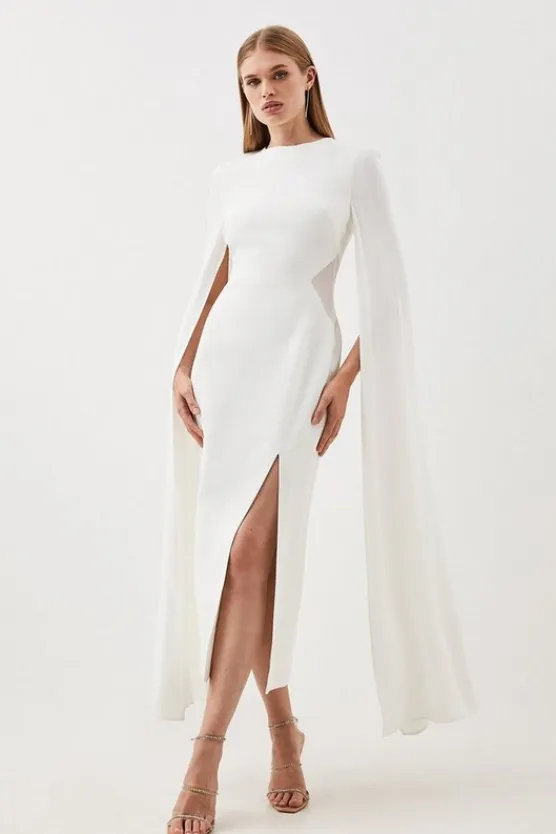 Karen Millen Petite Compact Stretch Viscose Cape Mesh Panel Tailored Midi Dress ivory Fashion