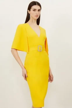 Karen Millen Petite Compact Stretch Viscose Cape Pencil Midi Dress yellow Best