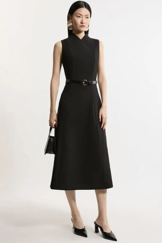 Karen Millen Petite Compact Stretch Wrap Neck Tailored Midi Dress black Hot