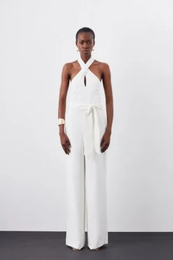Karen Millen Petite Compact Viscose Stretch Drape Tailored Jumpsuit ivory Sale