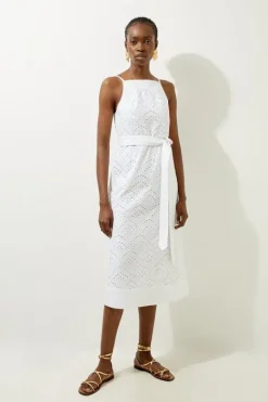 Karen Millen Petite Cotton Broderie Woven Belted Maxi Dress ivory Online