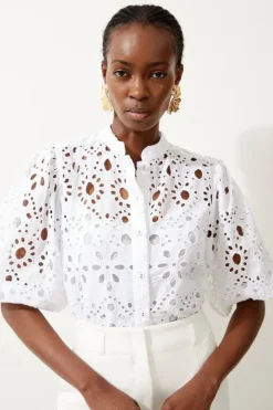 Karen Millen Petite Cotton Eyelet Short Sleeve Woven Blouse white Fashion