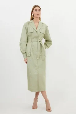 Karen Millen Petite Cotton Sateen Woven Maxi Shirt Dress khaki Outlet