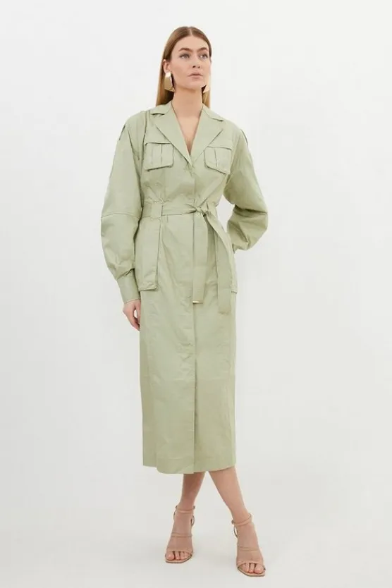 Karen Millen Petite Cotton Sateen Woven Maxi Shirt Dress khaki Outlet
