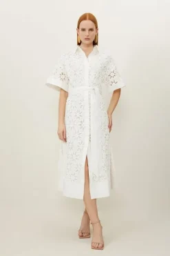 Karen Millen Petite Crafted Cotton Embroidery Woven Shirt Midi Dress white Hot