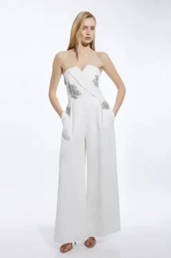 Karen Millen Petite Crystal Embellished Bandeau Tailored Wide Leg Jumpsuit ivory Sale