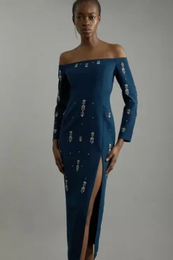 Karen Millen Petite Crystal Embellished Corset Detail Off The Shoulder Woven Midaxi Dress navy Online