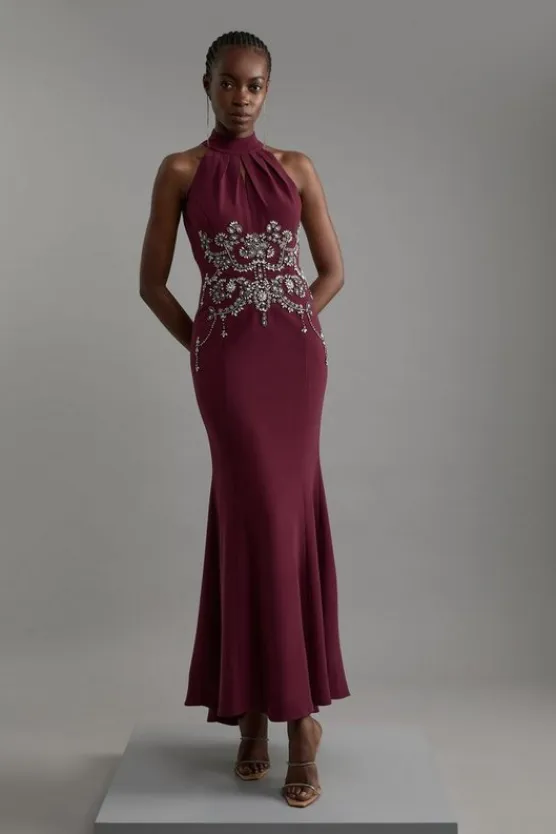 Karen Millen Petite Crystal Embellished Halter Maxi Dress plum Sale